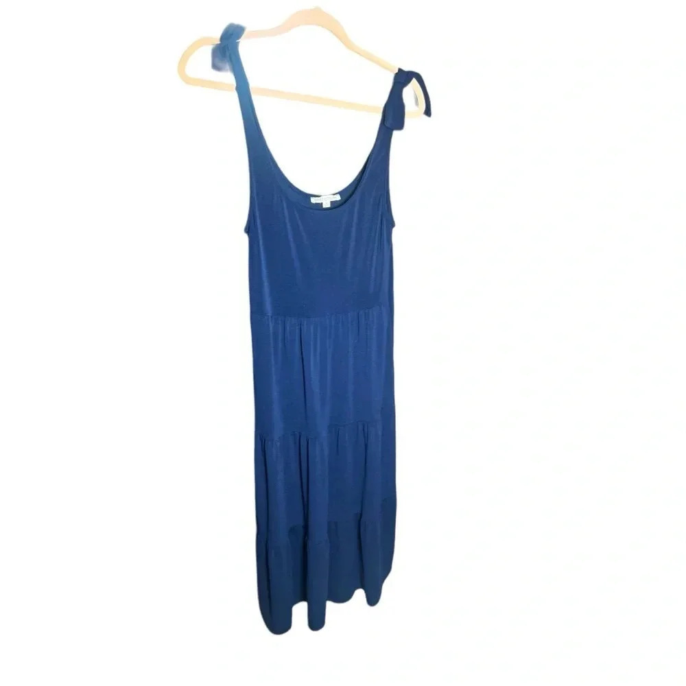 Green envelope shoulder tie bow sleeveless blue tiered drop dress size medium - Picture 5 of 9